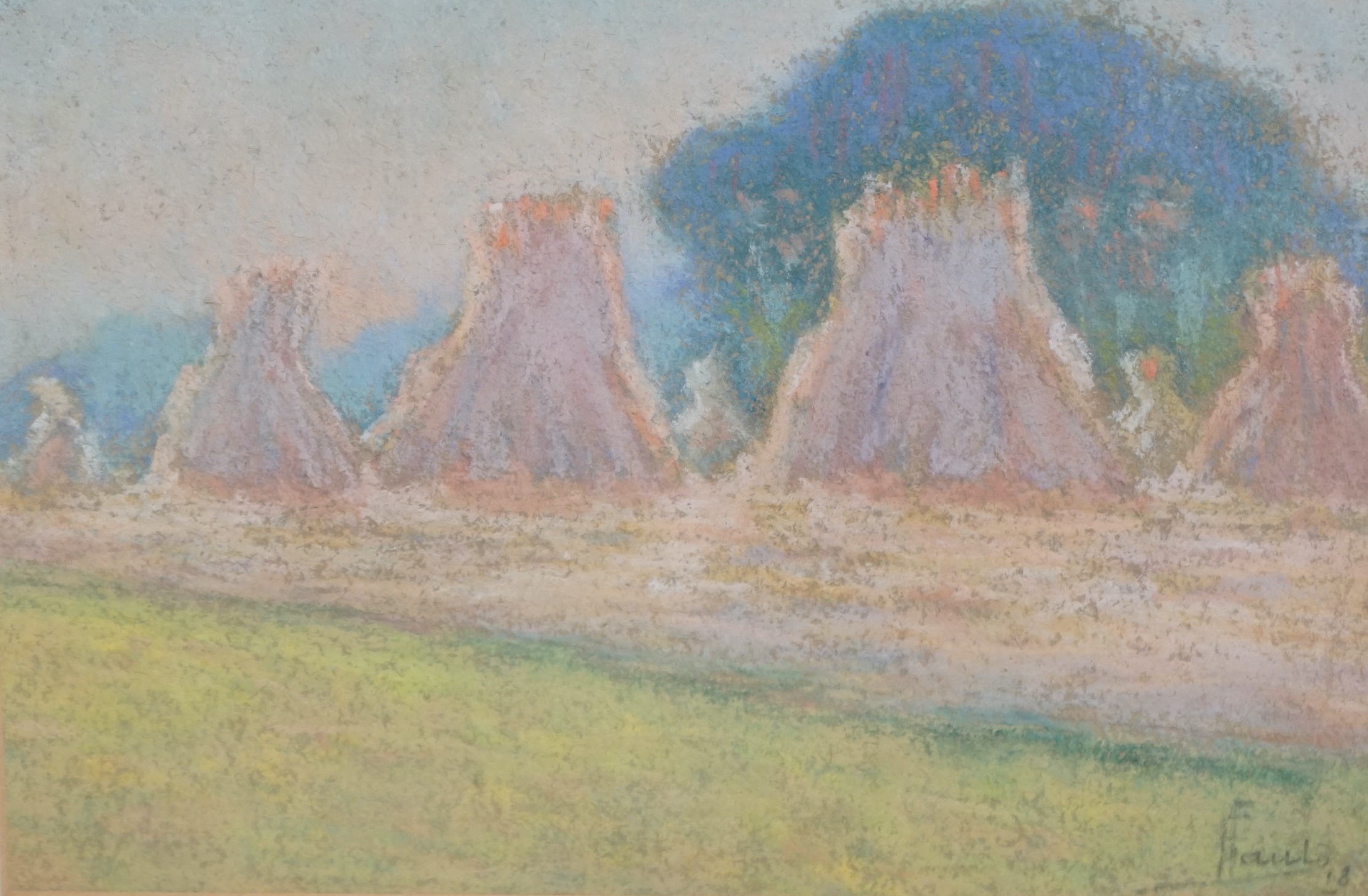 Ernest Faut (1879-1961) Impressionist pastel, Rural landscape with hayricks, signed, inscribed in ink verso, 15 x 23cm